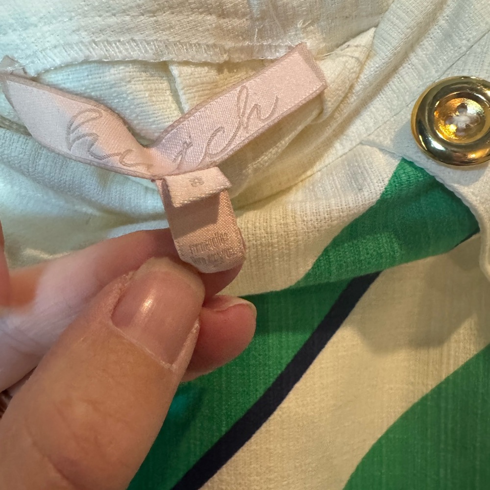Anthropologie hutch brand mini skirt, beige, green, navy blue, and gold buttons - Picture 3 of 6